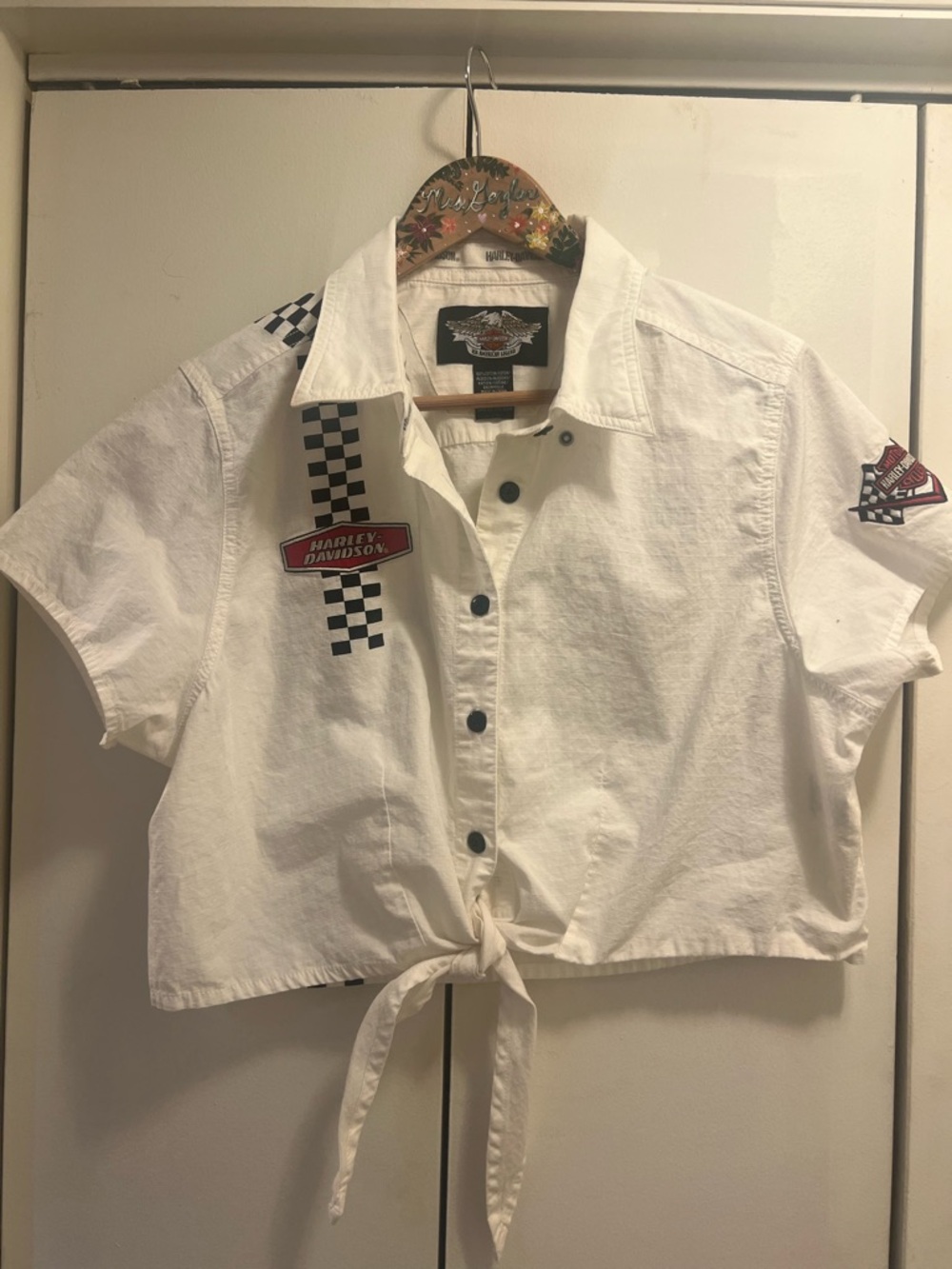 Harley-Davidson Womens White Cropped Tie-Front Shirt